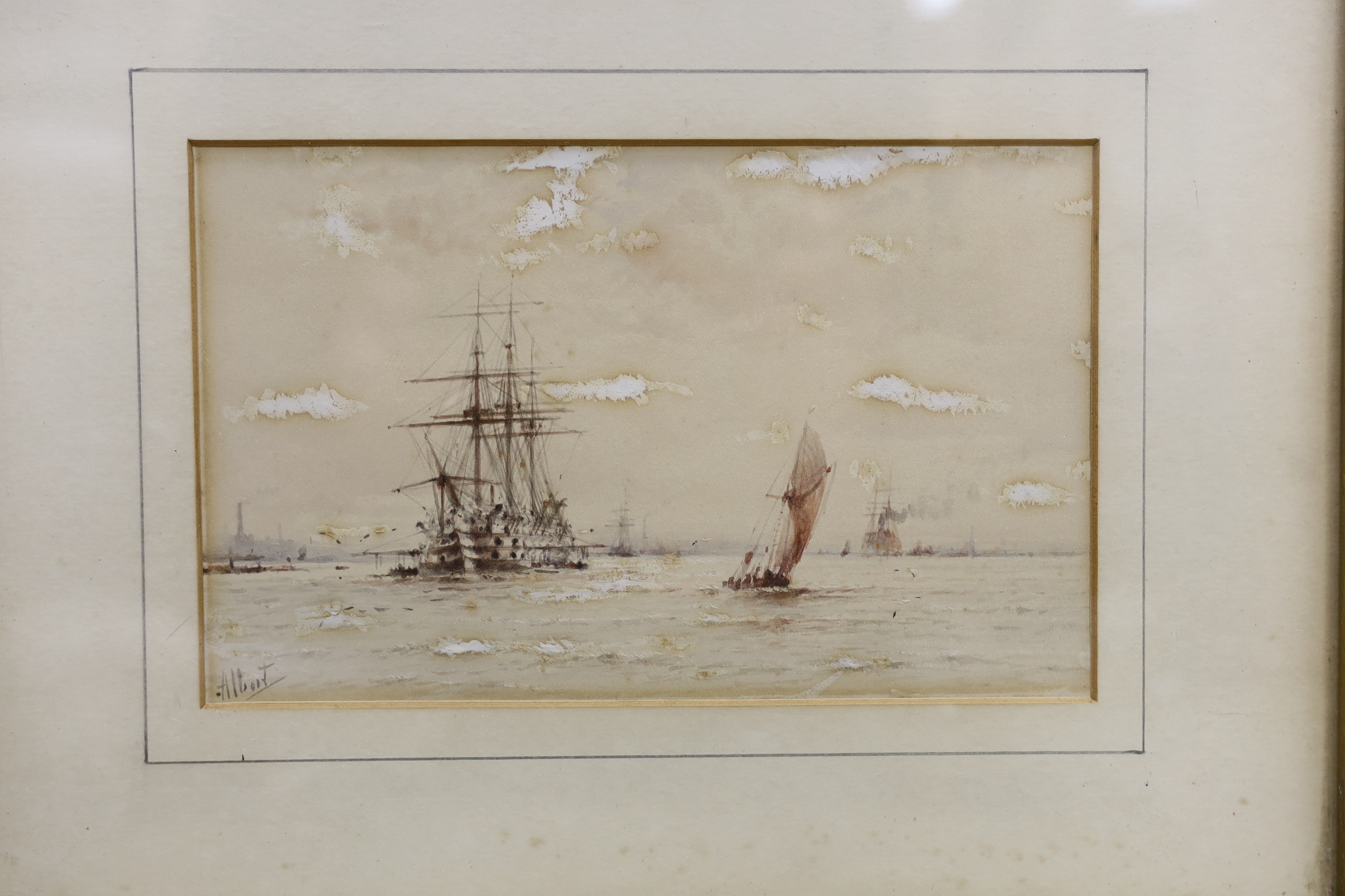 Albert Ernest Markes (1865-1901), watercolour, 'Training ship on the Thames', signed, together with Frederick James Aldridge (1850-1933), watercolour, 'Littlehampton', largest 17 x 27cm